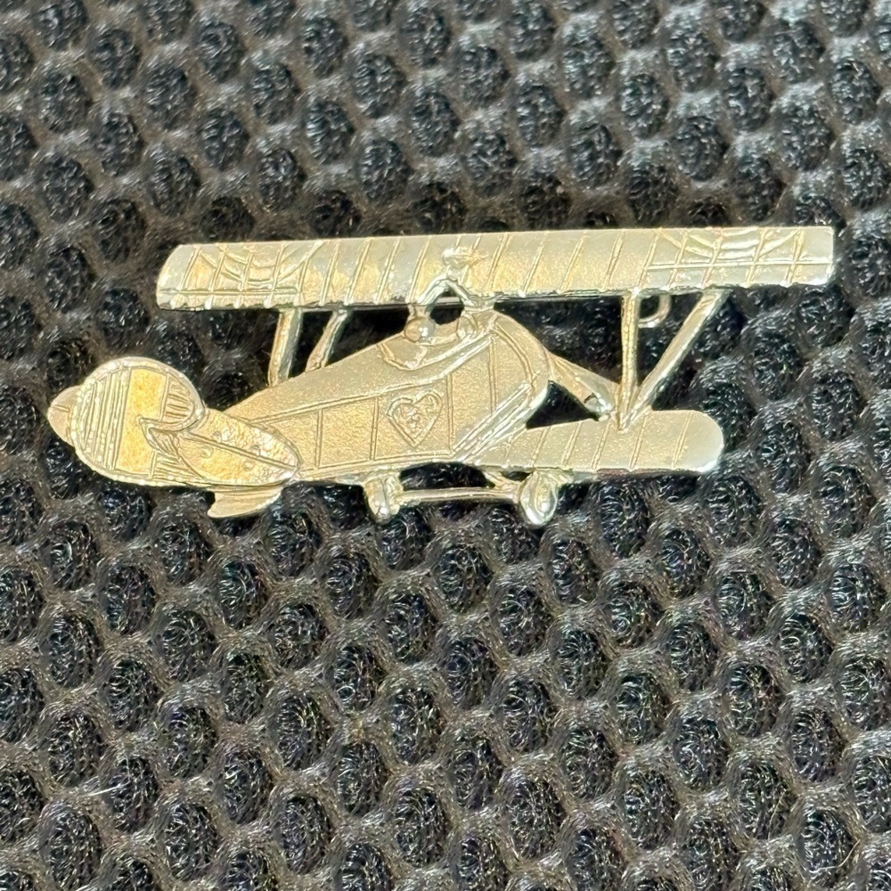 Vintage Silver Tone Airplane Brooch - Biplane with Heart Detail Unisex